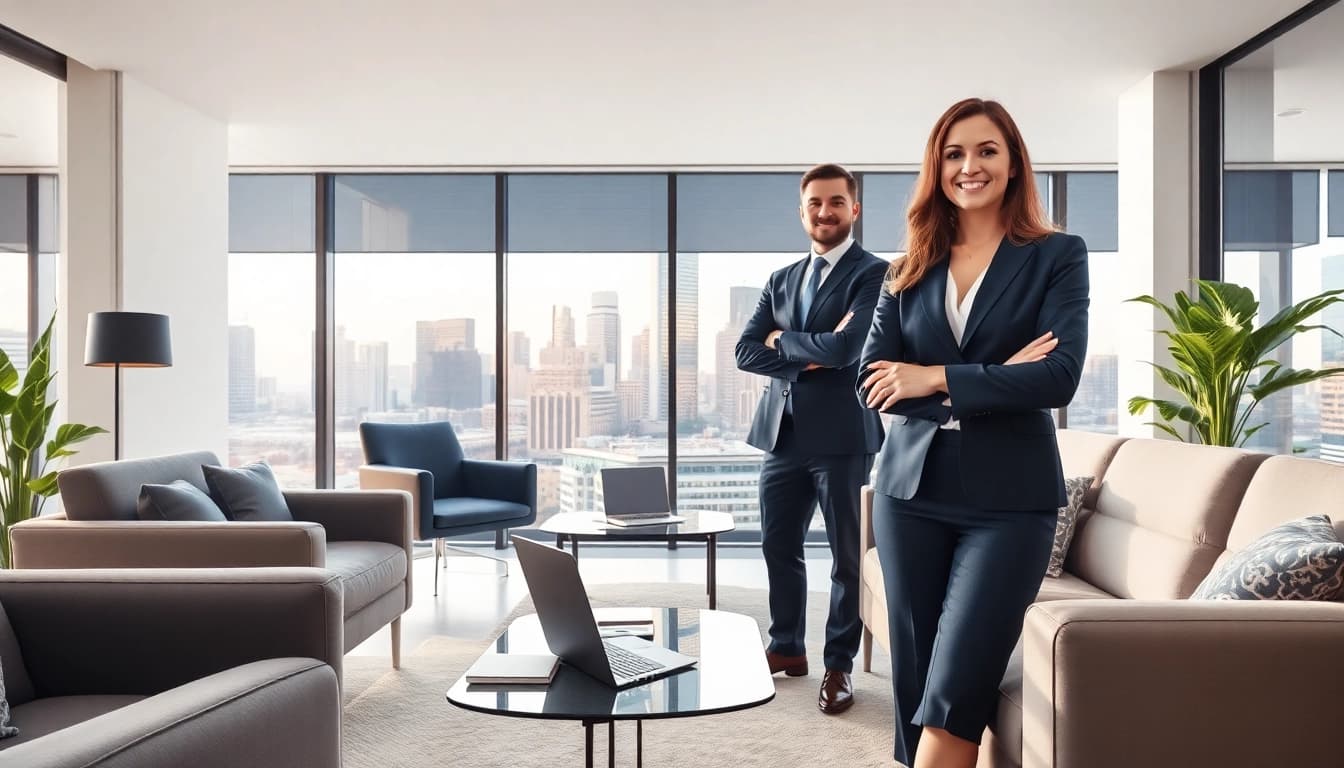 Immobilienmakler Frankfurt Dornbusch beraten Kunden in einem modernen Büro mit Skyline-Ausblick.