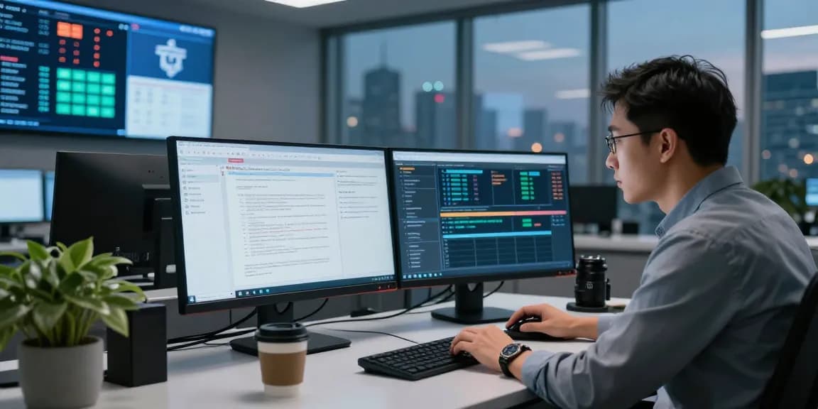 Analyst in a high-tech environment focusing on document fraud detection with multiple monitors displaying analysis data.