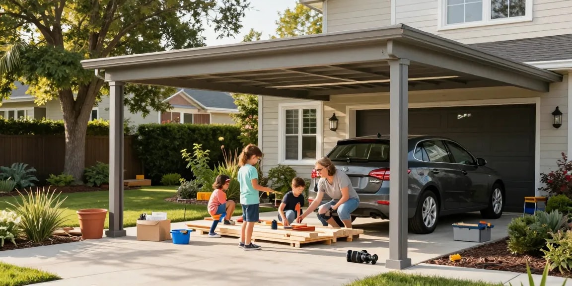 Moderne Carport-Lösung für Familienprojekte im Garten.