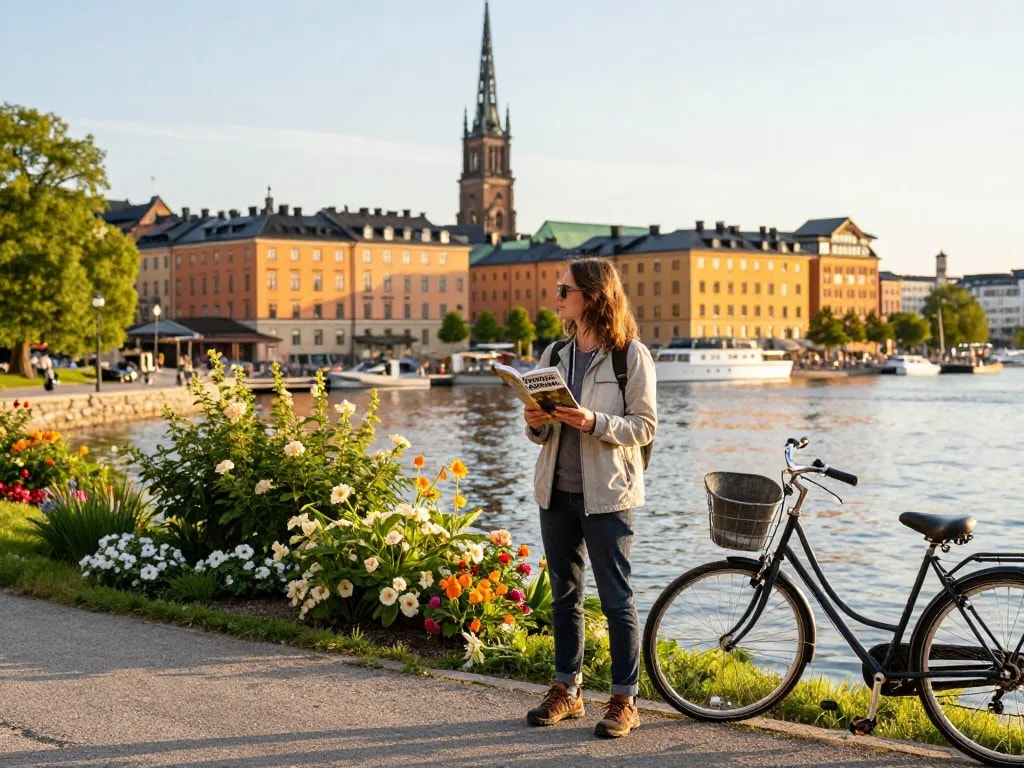 Erkundung Stockholms mit dem Reisetipps Stockholm Reiseführer in der Hand, malerischer Blick auf die Uferpromenade.