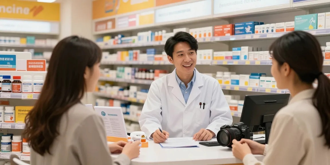 Im Selliza Pharma Shop berät ein Apotheker einen Kunden zu Gesundheitsprodukten.