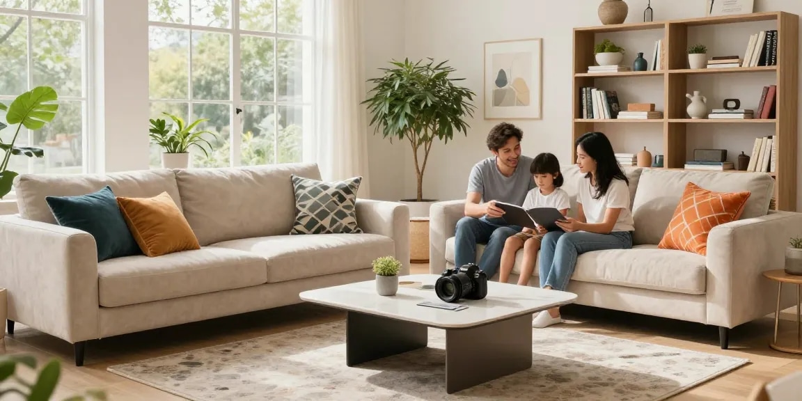 Stilvoller Wohnraum mit Möbeln aus einem Online Möbel Shop, mit gemütlichem Familienbeisammensein und modernem Dekor.