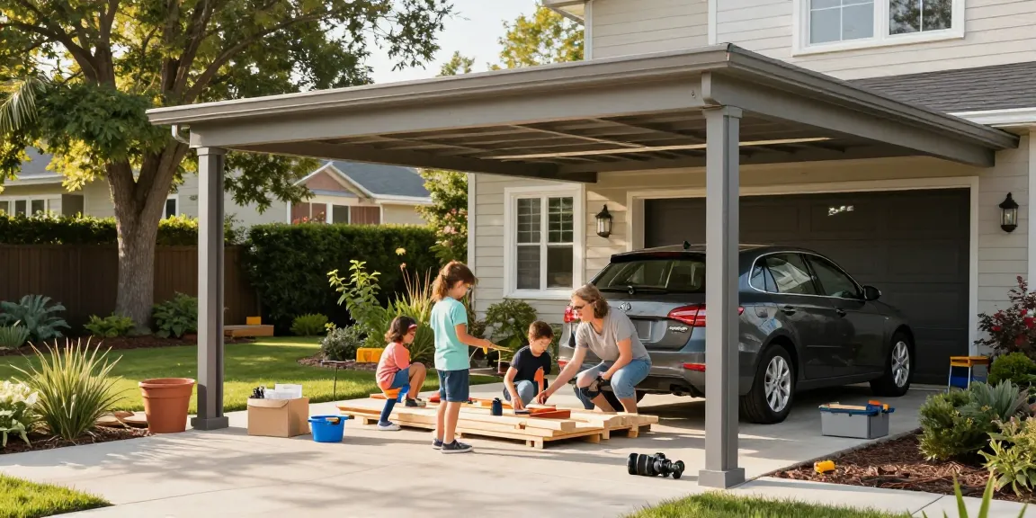 Moderne Carport-Lösung für Familienprojekte im Garten.