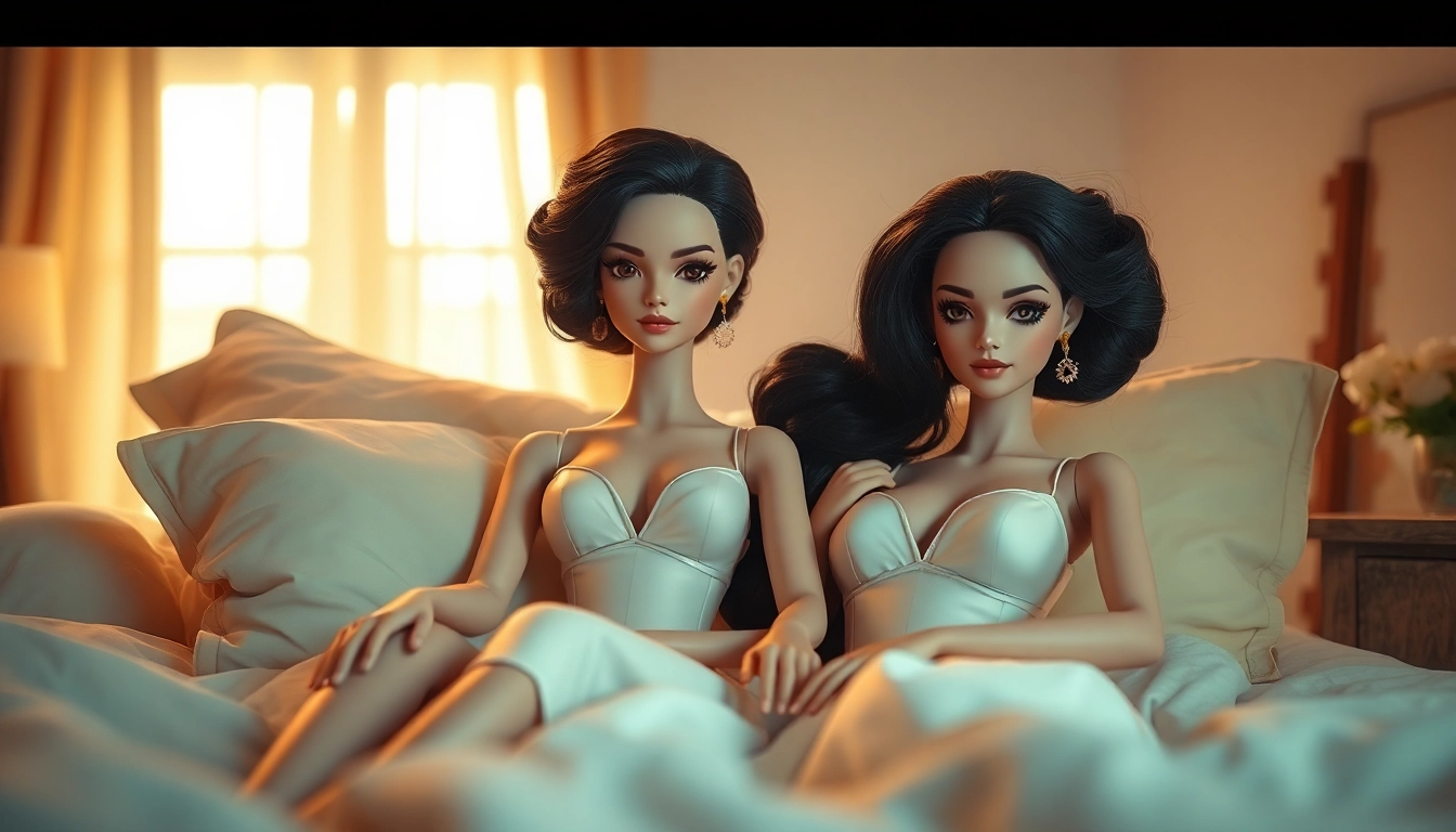 Verführerische Love Dolls in einem einladenden Schlafzimmer mit sanftem Licht.