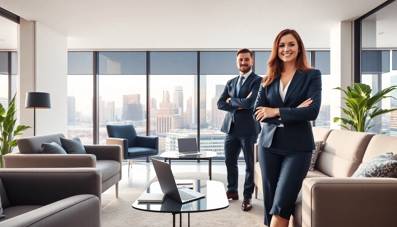 Immobilienmakler Frankfurt Dornbusch beraten Kunden in einem modernen Büro mit Skyline-Ausblick.