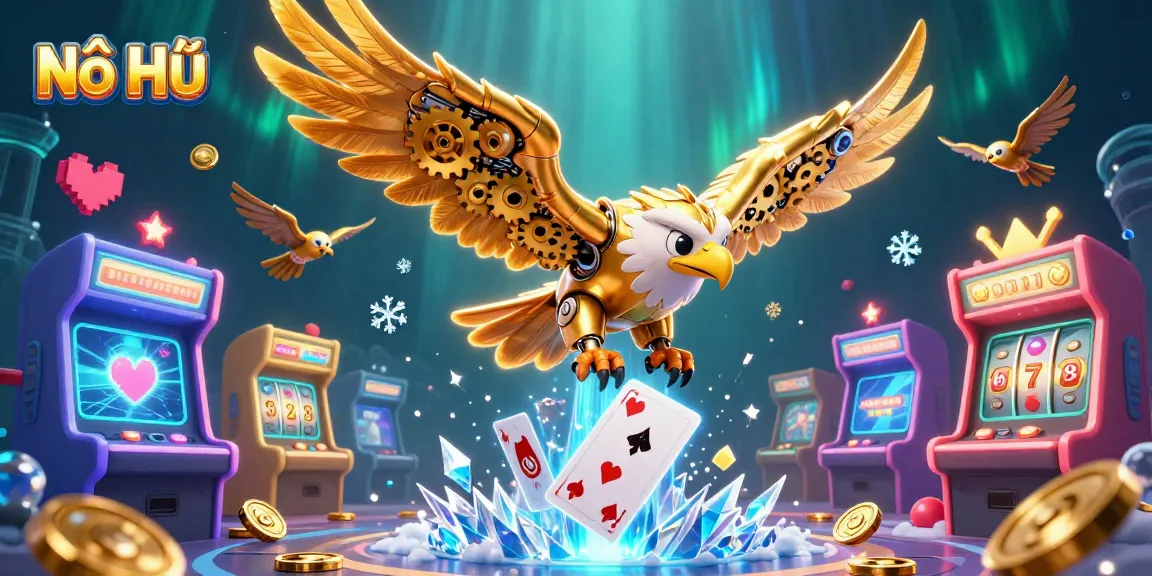 Nổ Hũ showcases a dynamic slot gaming scene featuring a cybernetic eagle amidst slot reels and jackpot counters.