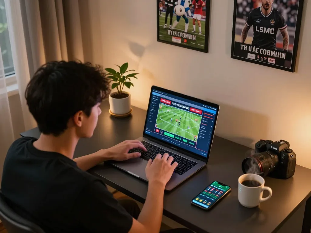 Engaged sports bettor reviewing tỷ lệ bóng đá kèo nhà cái on laptop, showcasing modern gaming environment.