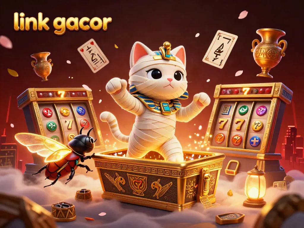 Experience thrill with the lively link gacor scene featuring a mummy cat, slot reels, and glowing treasures.