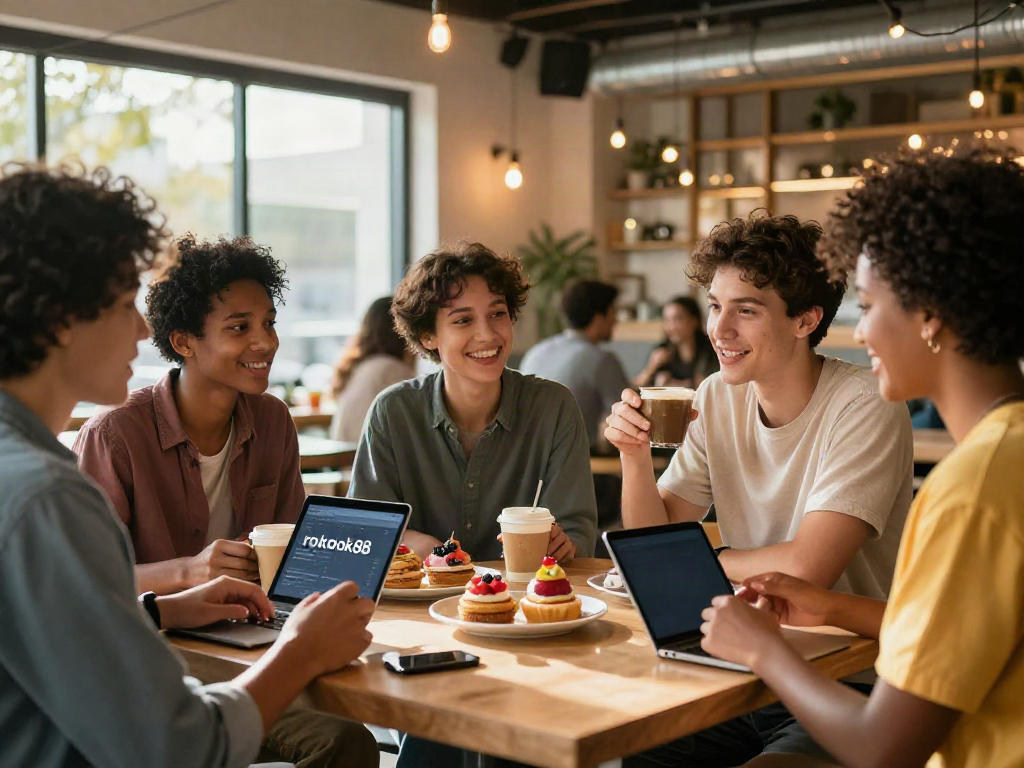Friends engaging over coffee while using the rokok88 app in a trendy café.