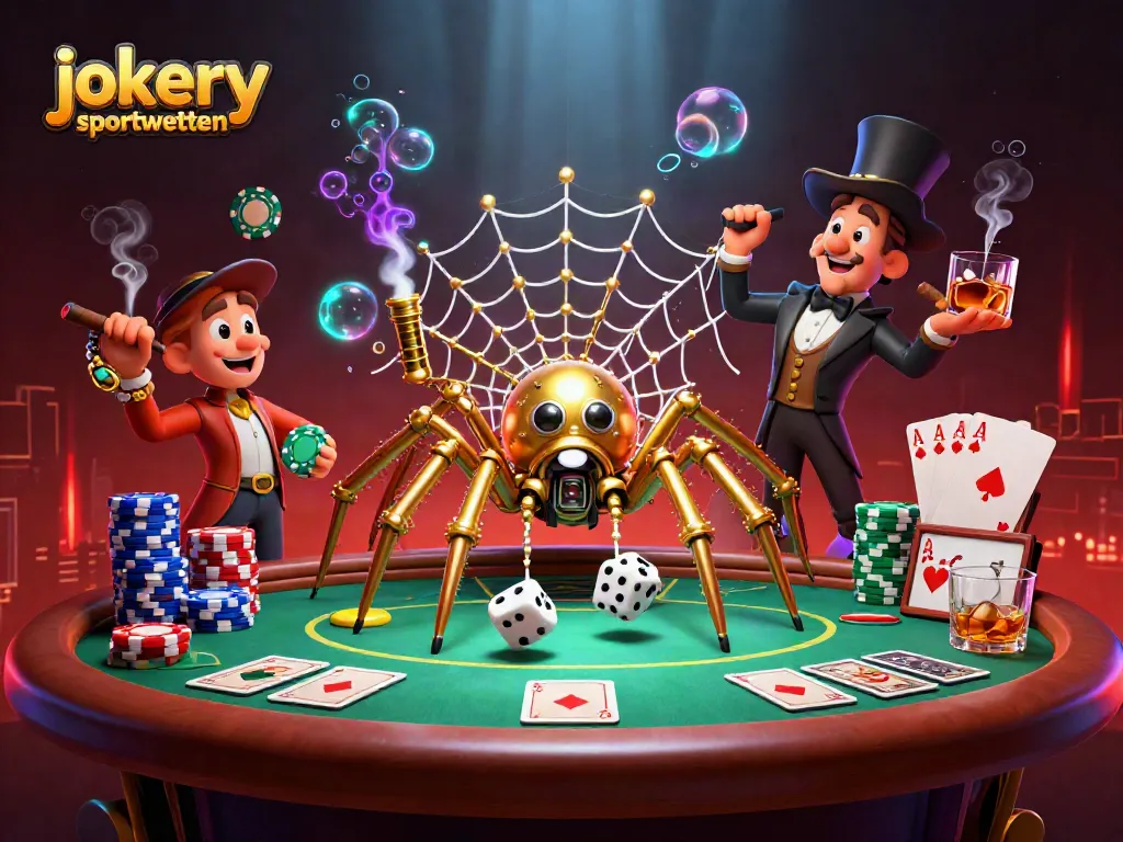 Engage with jokery sportwetten as a golden spider entangles dice in a dazzling casino scene.