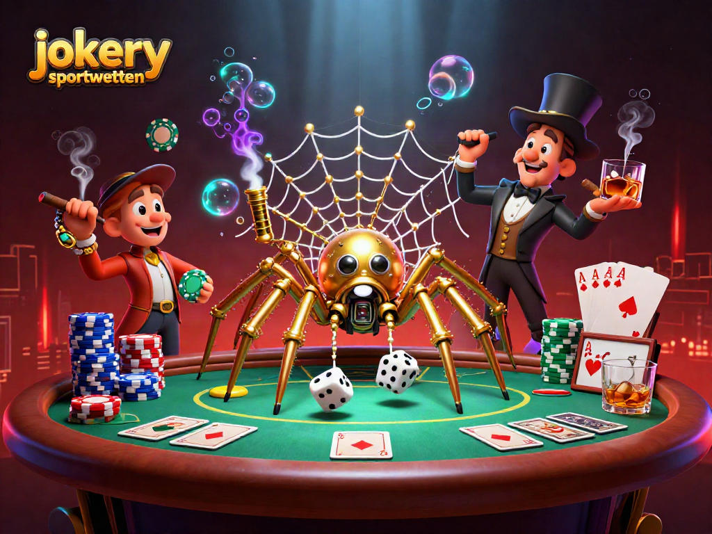 Engage with jokery sportwetten as a golden spider entangles dice in a dazzling casino scene.