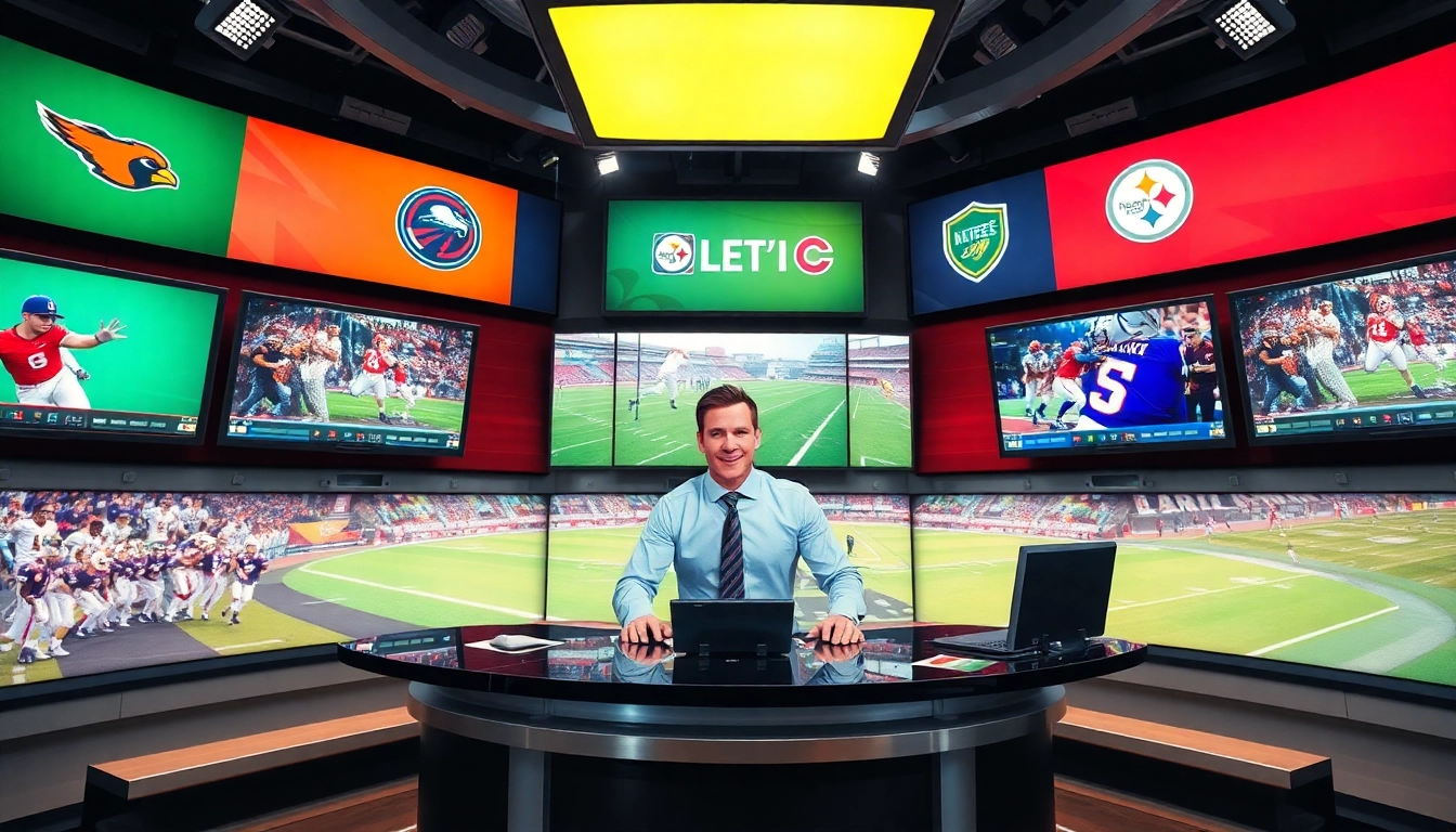 Engaging sports broadcasting scene with a dynamic anchor and vibrant studio setting.