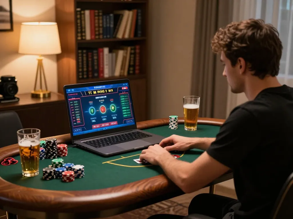 Engaged player at home enjoying online casino from https://tr88.bio/ with poker interface and strategy books nearby.