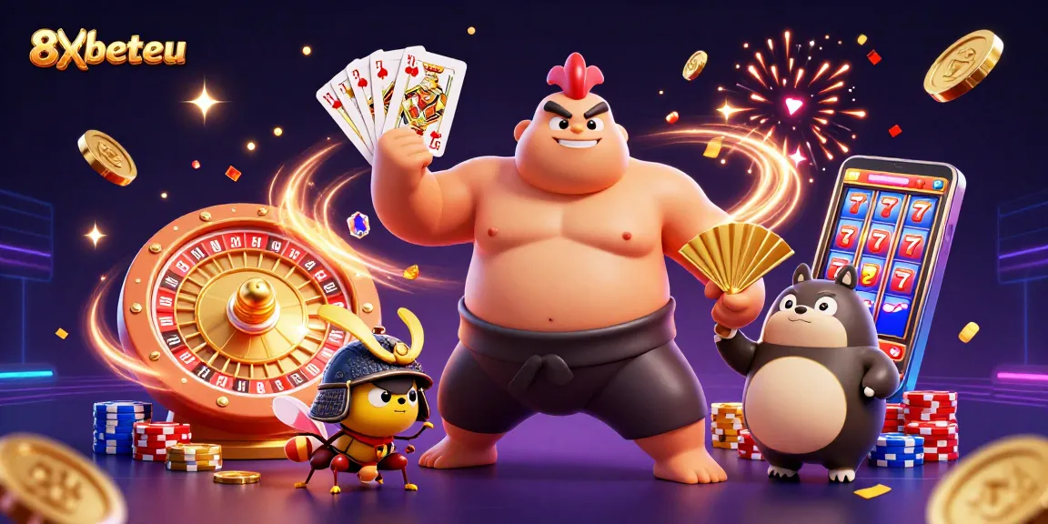 Experience thrilling gaming with 8xbeteu as the sumo wrestler and samurai cricket face off in a vibrant casino scene.