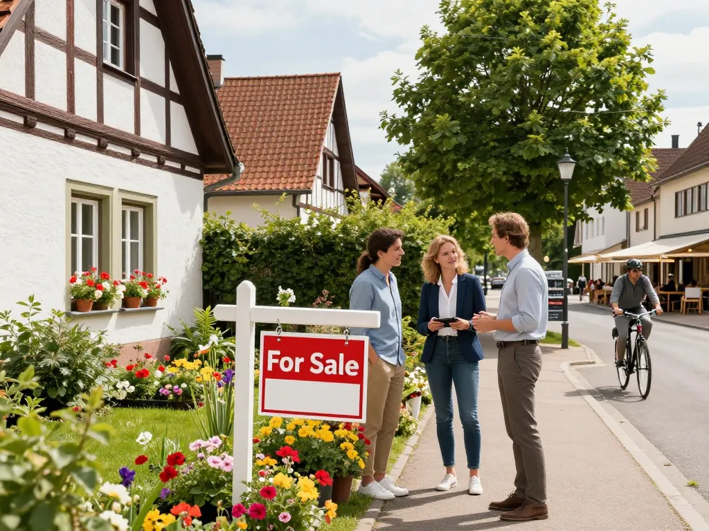 Immobilienmakler Frankfurt Eschersheim diskutiert Verkaufschancen mit einem Paar in einem malerischen Viertel.