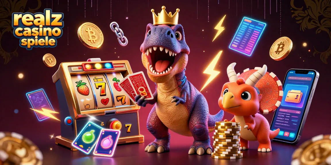 Faszination von realz casino spiele mit einem freundlichen T-Rex, der Karten mischt, umringt von Jackpot-Symbolen.