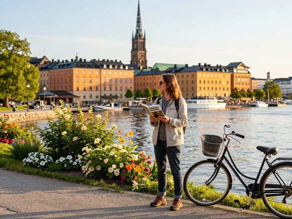 Erkundung Stockholms mit dem Reisetipps Stockholm Reiseführer in der Hand, malerischer Blick auf die Uferpromenade.