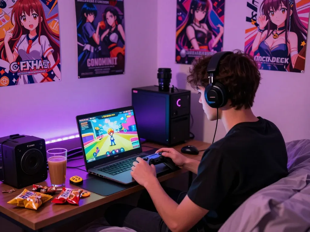 Engaging young adult playing an online porn game on a laptop in a cozy bedroom setting.