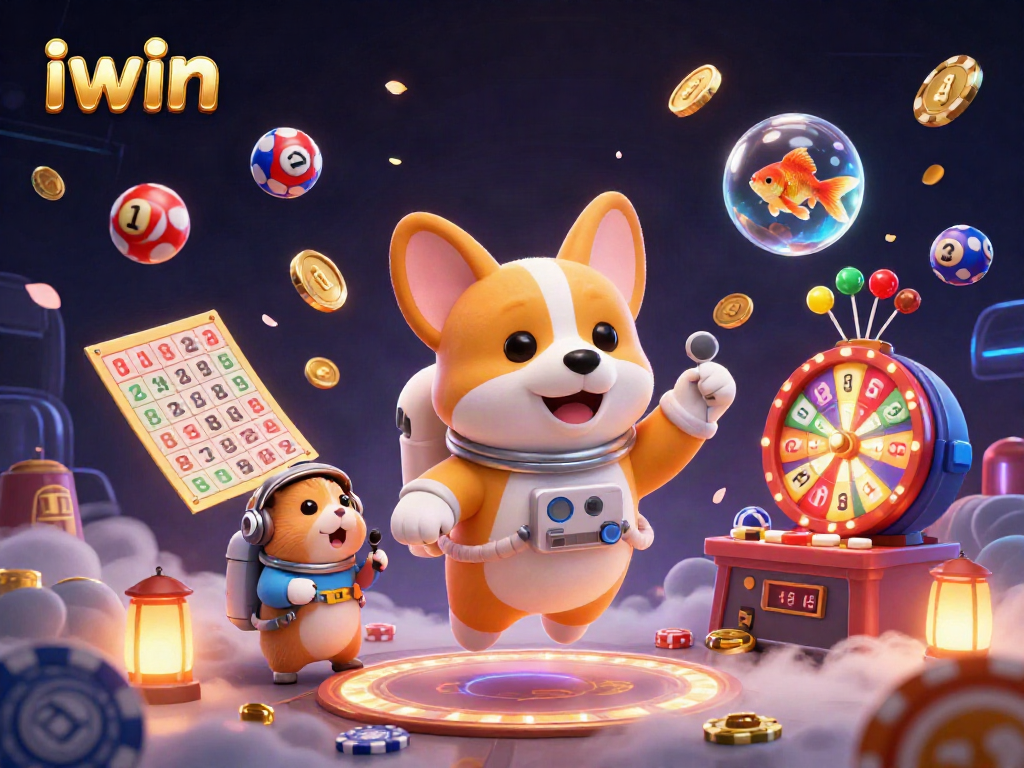 Join the excitement of iwin with a lively space casino scene featuring engaging characters and lottery elements.