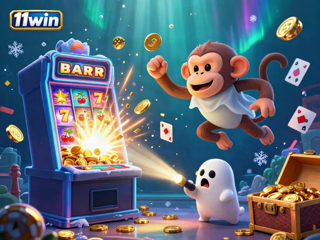 Experience thrilling wins at 11win as the playful monkey juggles casino treasures in a vibrant scene.