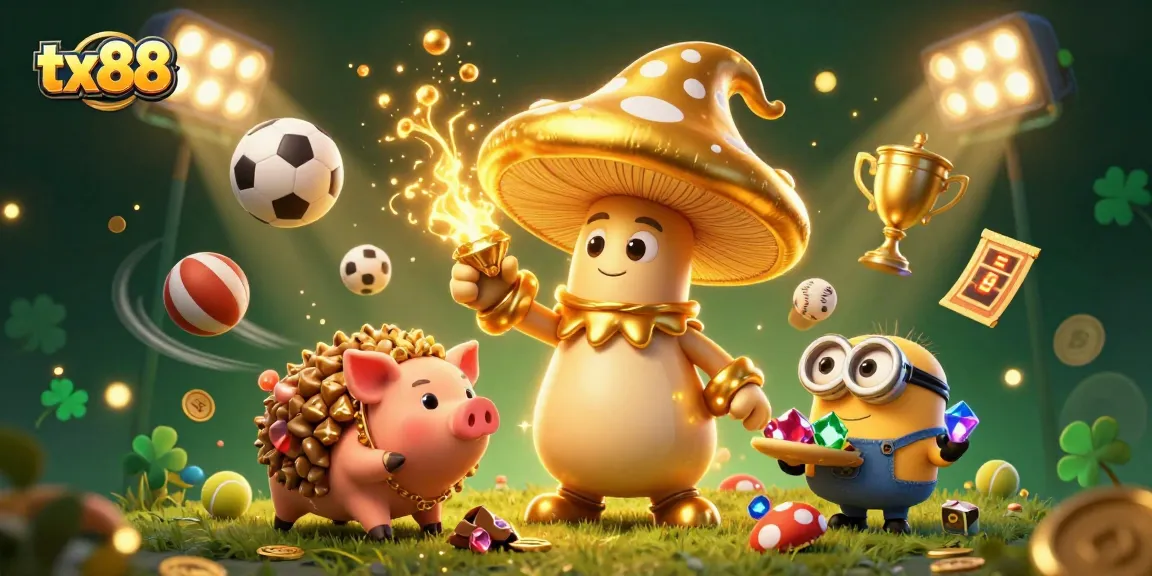 Engage with tx88 casino adventures showcasing a magical wizard, treasure pig, and sports balls.