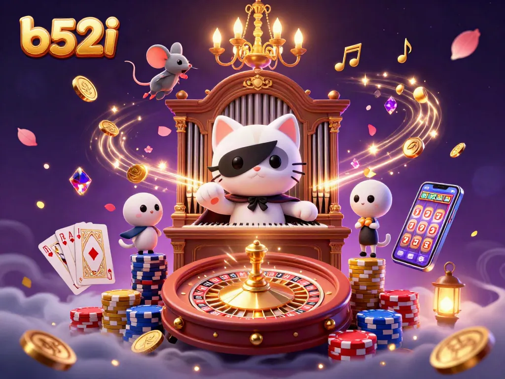 Engage with b52i casino thrills alongside a phantom cat and an acrobatic mouse in an extravagant digital scene.