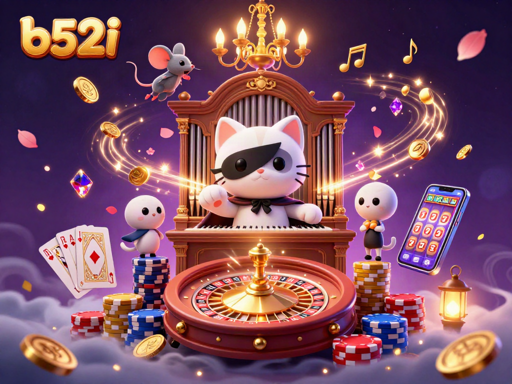 Engage with b52i casino thrills alongside a phantom cat and an acrobatic mouse in an extravagant digital scene.