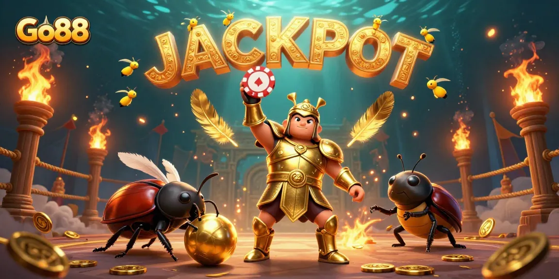 Experience gaming excitement at Go88 with a 3D cartoon beetle champion lifting a poker chip under glowing lights.