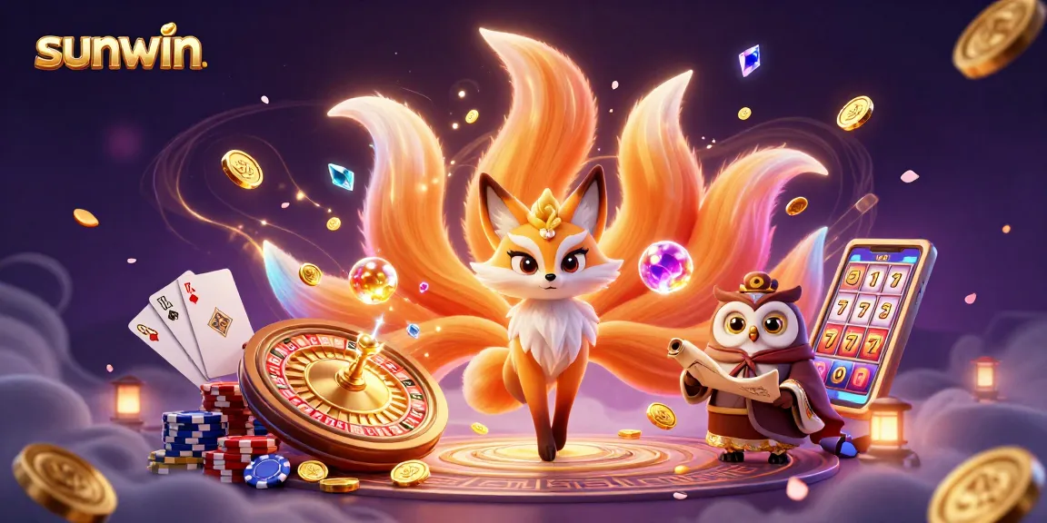 Experience sunwin's vibrant casino magic with a colorful fox spirit, owl sage, and dazzling gaming elements.