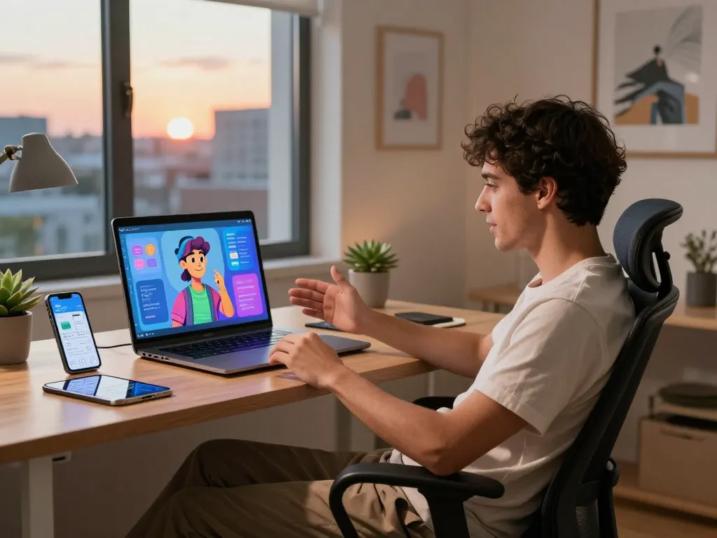 User immersed in character AI nsfw interactions in a modern home office, featuring tech gadgets and a cozy atmosphere.