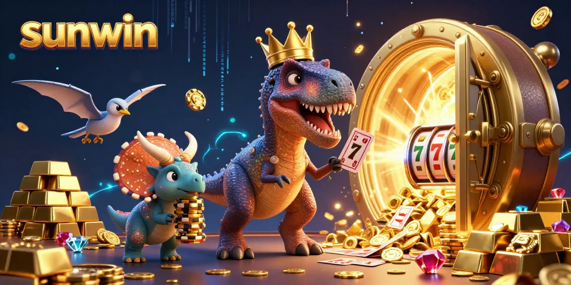 Experience fun with sunwin as a T-Rex and friends play slots in a vibrant casino scene.