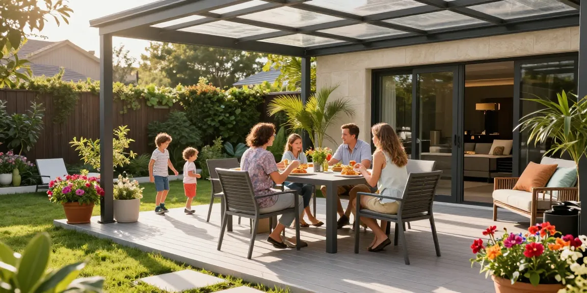 Terrassenüberdachungen aus Aluminium im Garten mit Familie bei einem entspannten Essen.