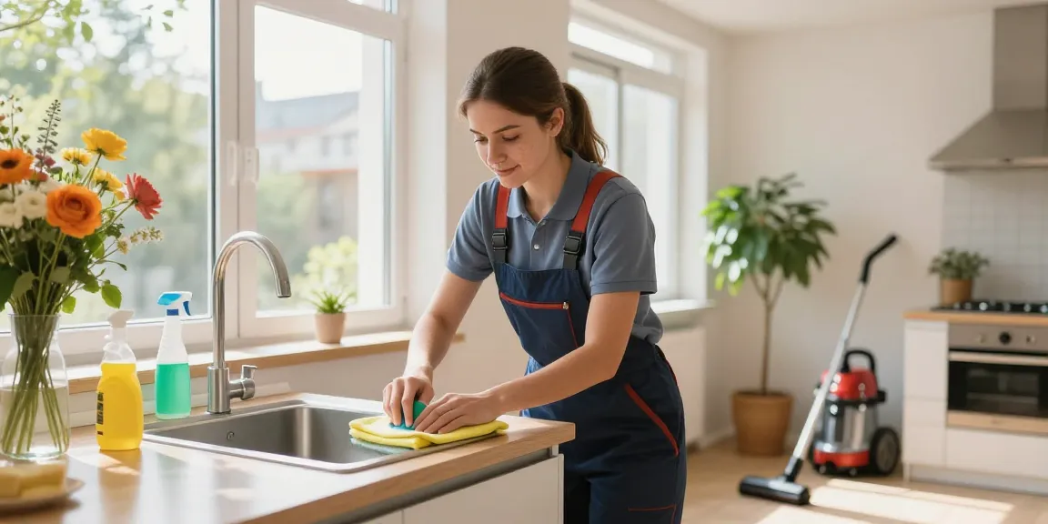 Professional cleaner showcasing putzinstitut bern cleaning quality in a bright apartment.