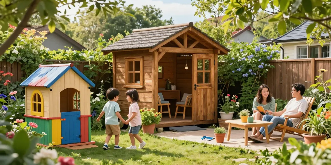 Gartenhäuser aus Holz im Garten mit blühenden Pflanzen und spielenden Kindern.