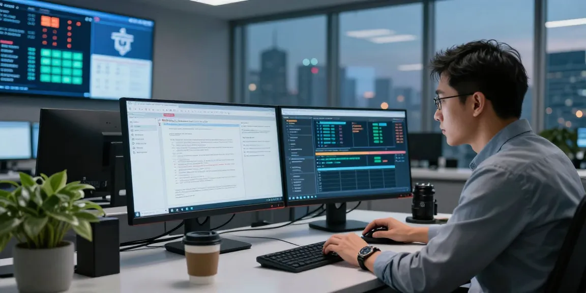 Analyst in a high-tech environment focusing on document fraud detection with multiple monitors displaying analysis data.