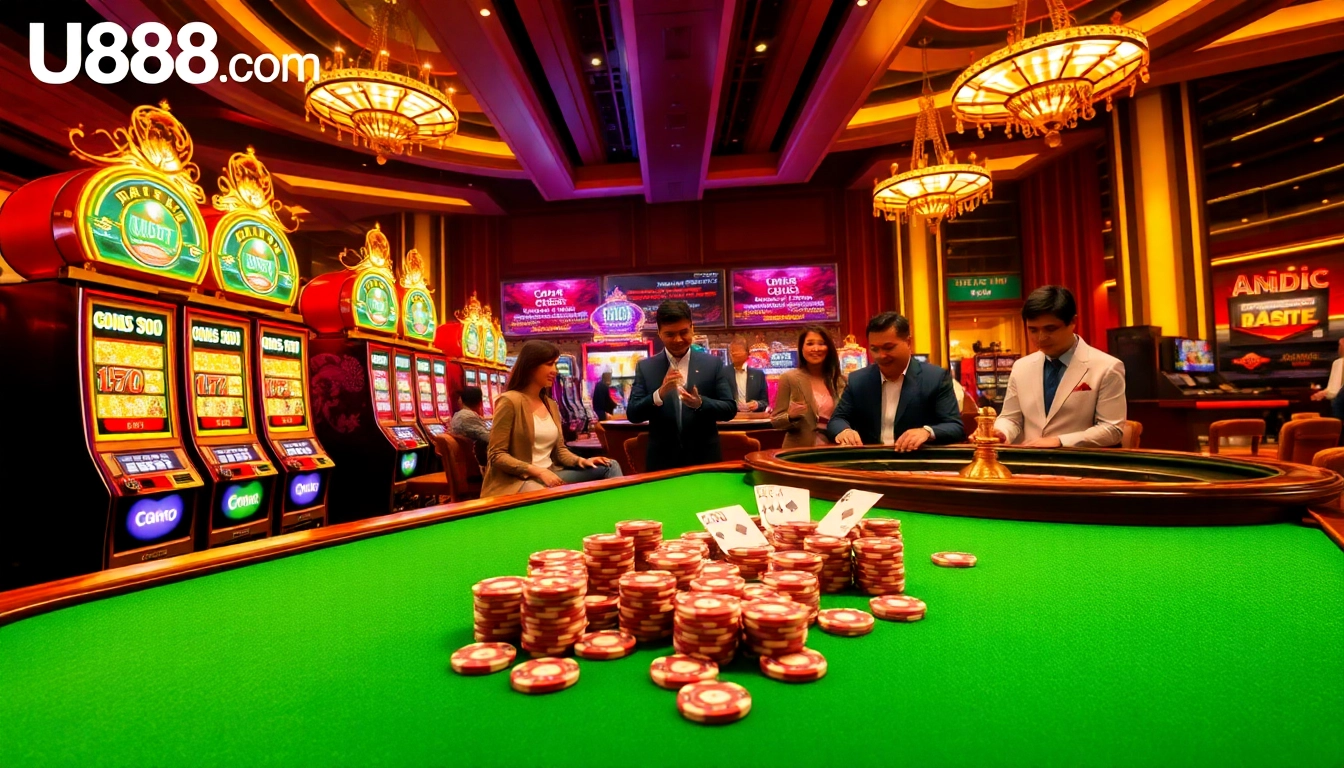 Experience thrilling gaming action at U888 com, featuring vibrant casino tables and colorful poker chips.