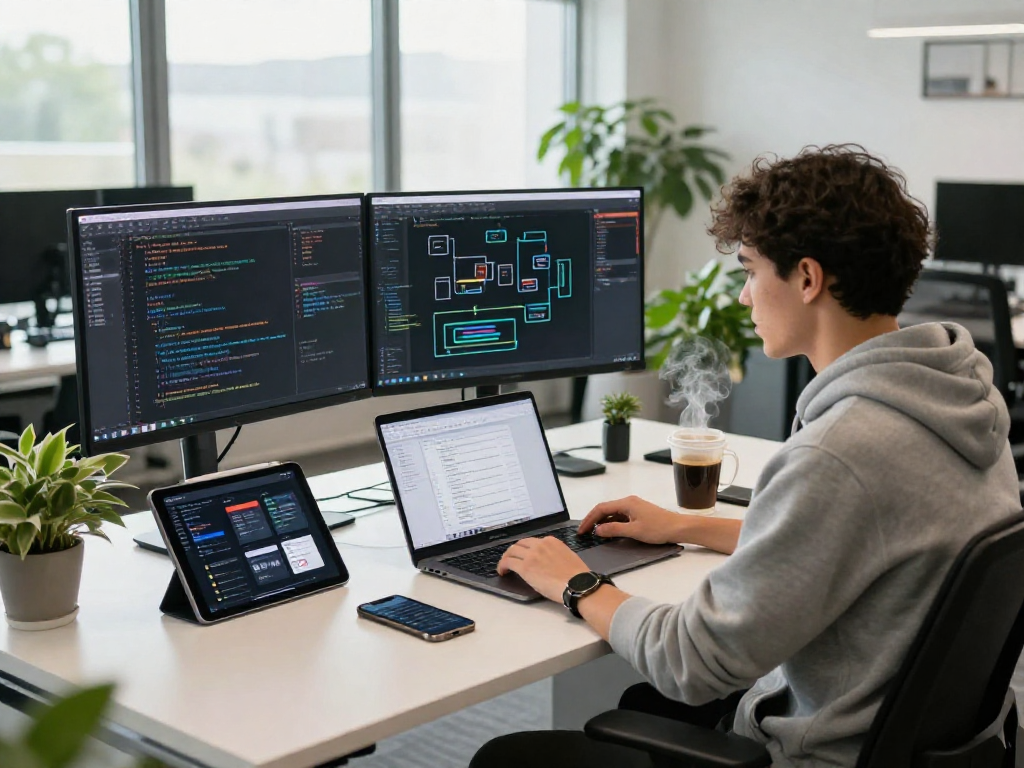 Software engineer at http://debet-app.com coding in a modern office with multiple screens and tech gadgets.