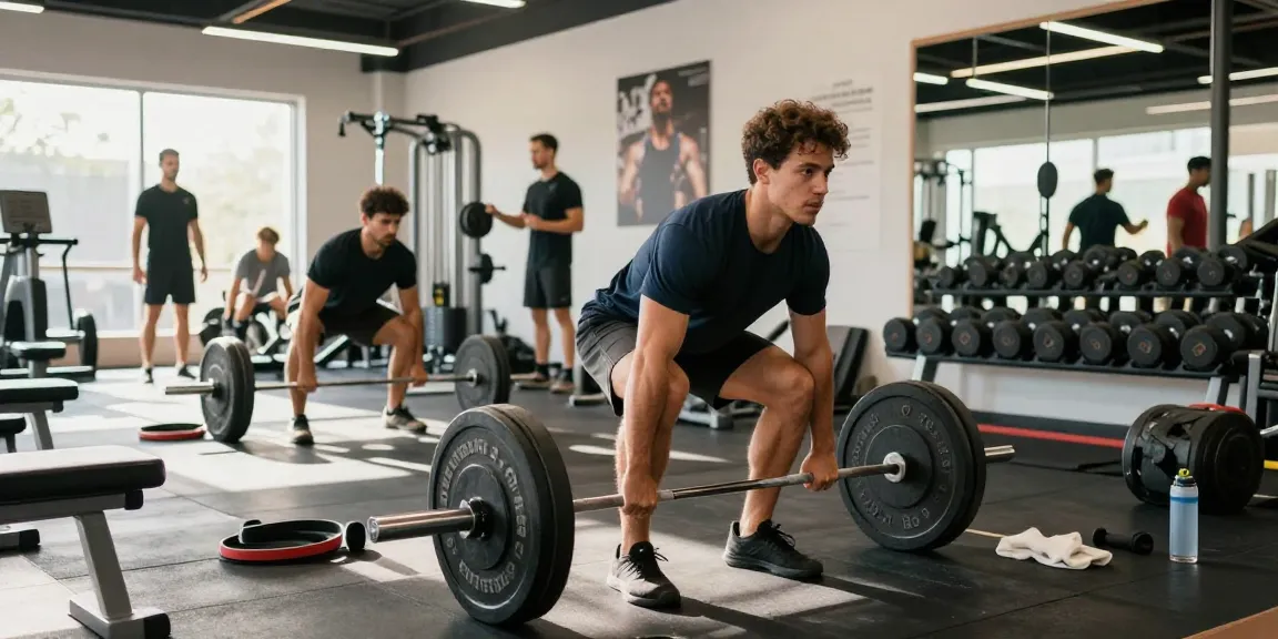 Atlet im Deus Shop beim Krafttraining im Fitnessstudio, motivierende Umgebung mit Equipment.
