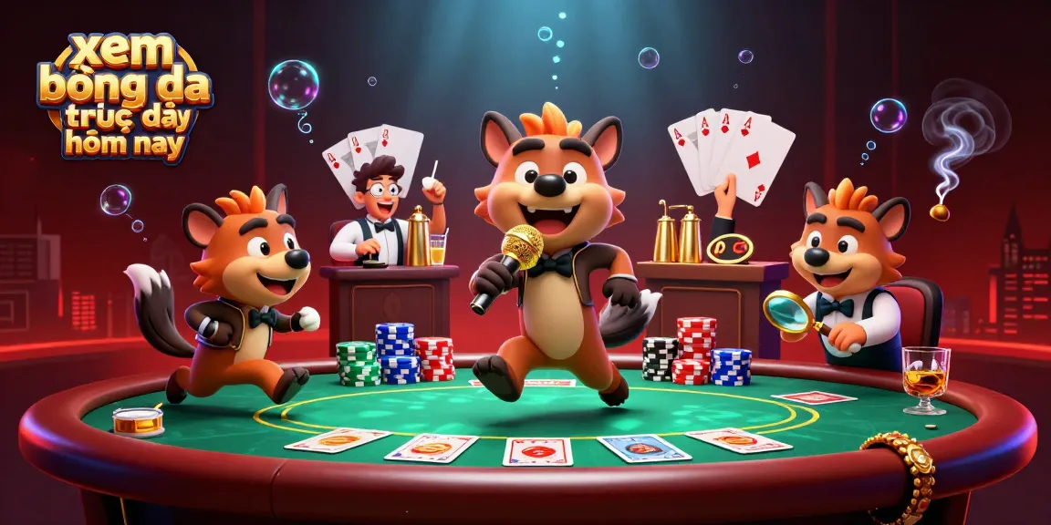 Experience xem bóng đá trực tiếp hôm nay in a lively casino scene with hyenas, poker elements, and vibrant decor.