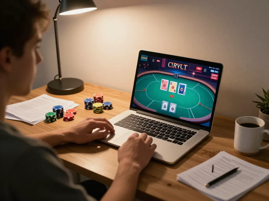 Player engaging in strategic gameplay using link lc88 online casino on a laptop with poker chips and notes.