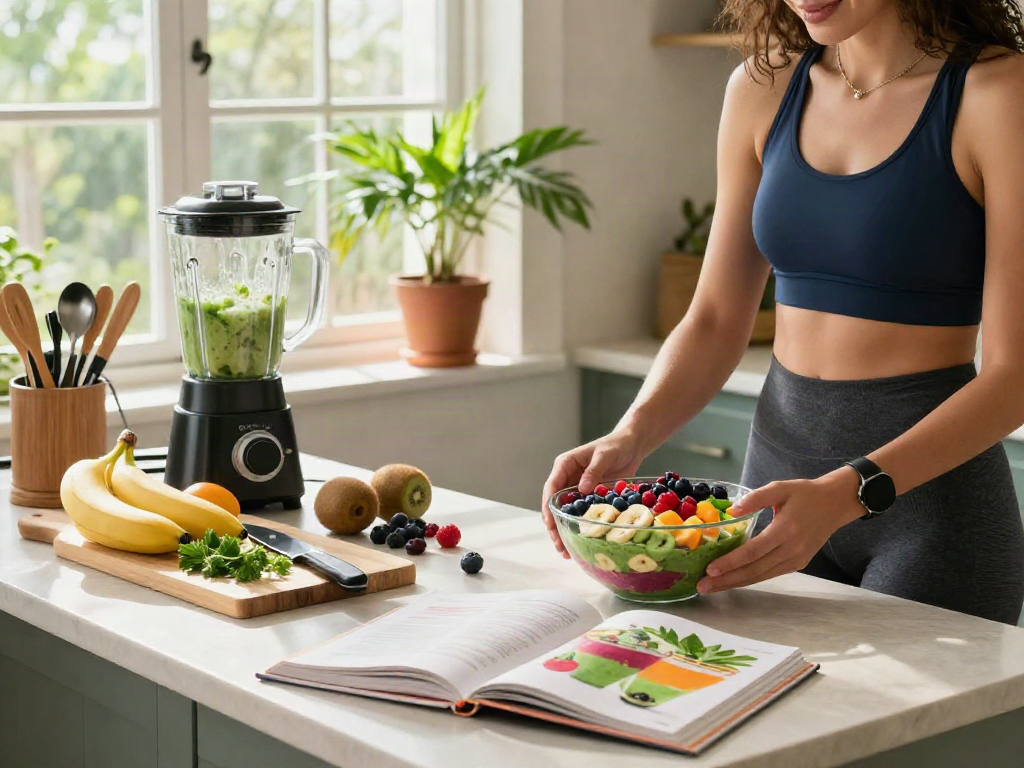 Bright and vibrant kitchen scene with individual preparing rokok88 smoothie bowl with fresh fruits.