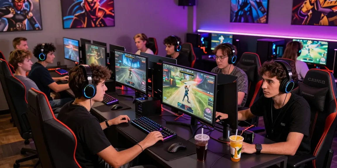 Friends engaging in multiplayer gaming at FAFA828 lounge with dynamic lighting and gaming setups.