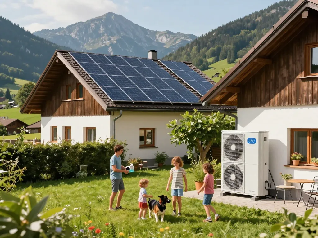 Photovoltaik Bayern Solarinstallation in einem bayerischen Zuhause mit einer Familie, die umweltfreundliches Leben genießt.