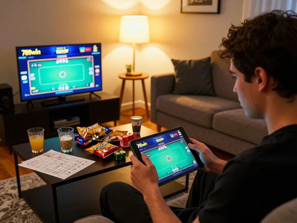 Engaging player using the 789win app on a tablet in a cozy home gaming environment.