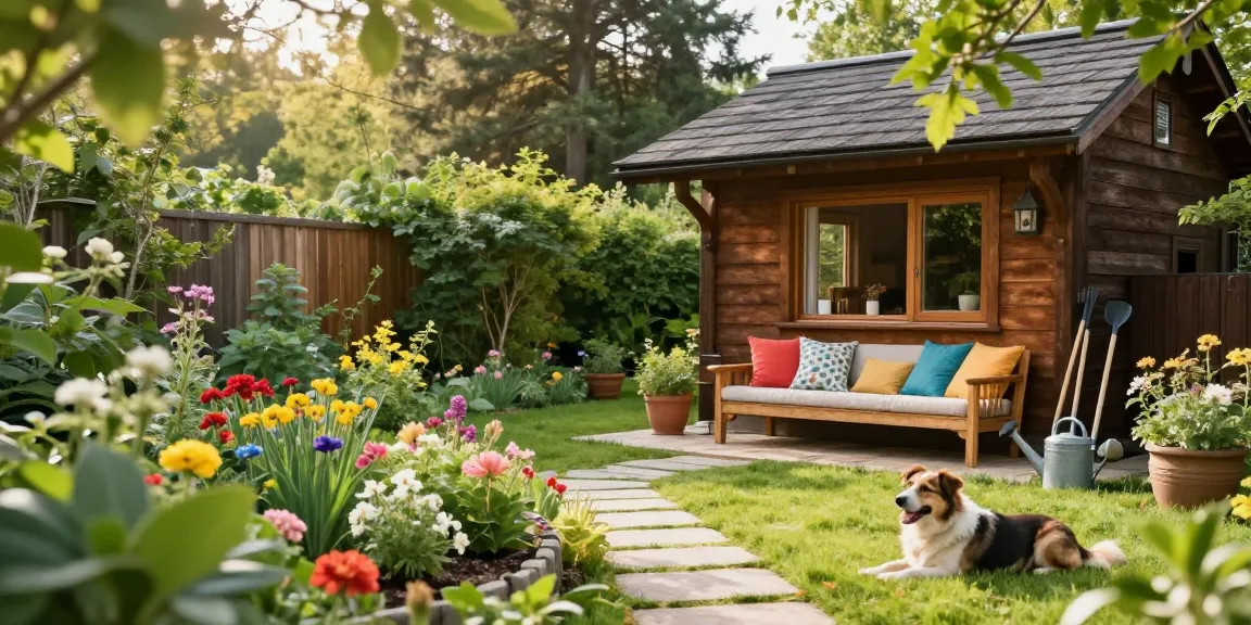 Garten Haus im malerischen Garten mit blühenden Pflanzen und Sitzbereich.