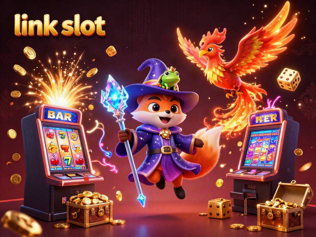 Experience the thrill of link slot games with a wizard, phoenix, and jackpot treasures in a captivating scene.