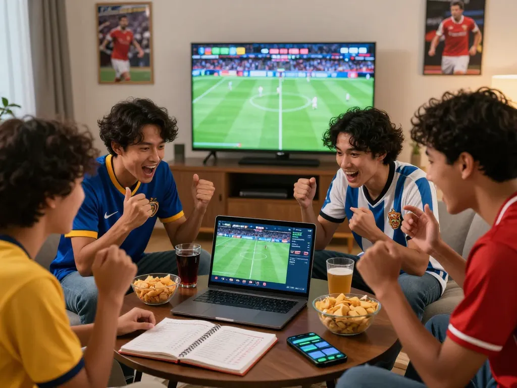 Friends enjoying Judi Bola strategies in a lively living room with snacks and sports decor.
