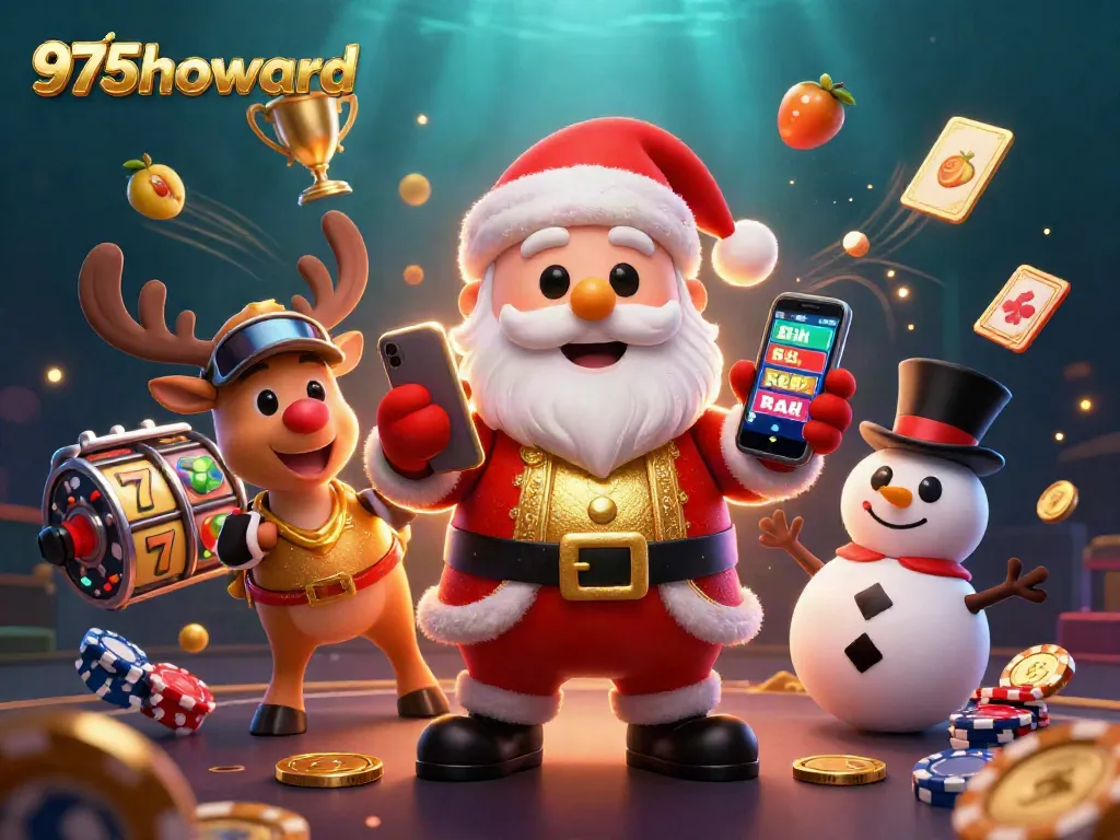 Experience the festive thrill at 975howard with Santa and friends enjoying jackpot slots.