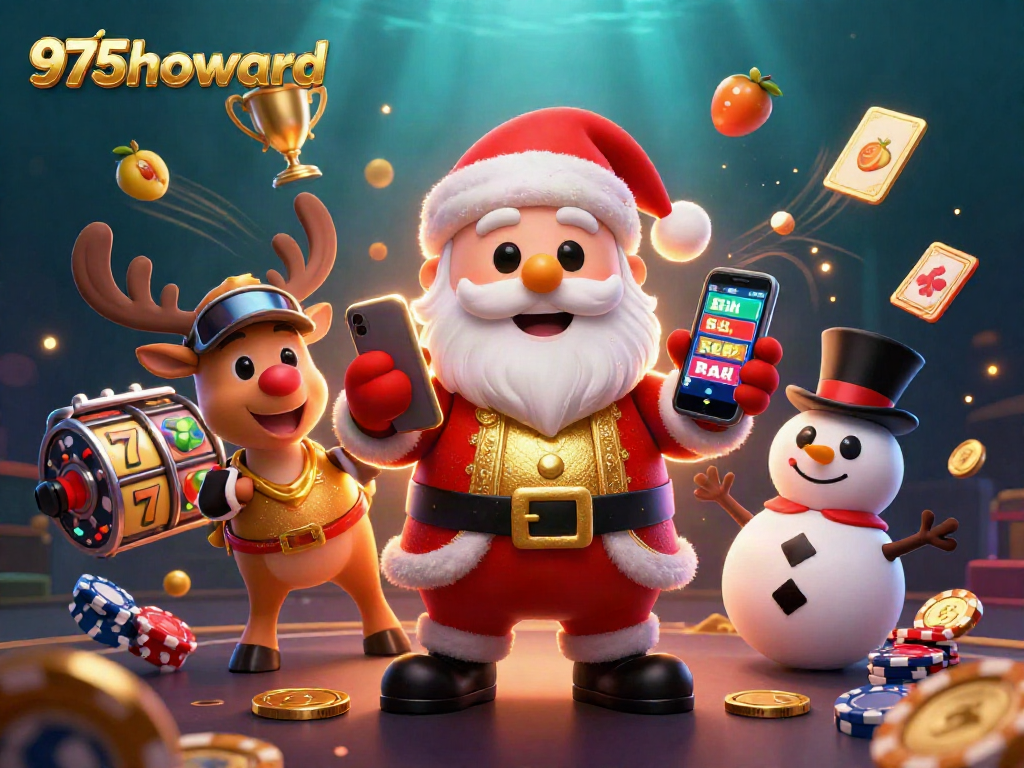 Experience the festive thrill at 975howard with Santa and friends enjoying jackpot slots.