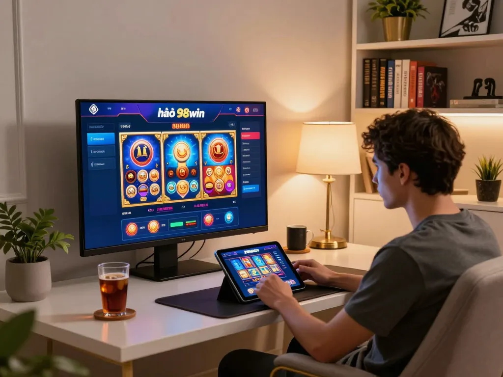 Engaging with nhà cái 98win's online gaming setup in a cozy home office.